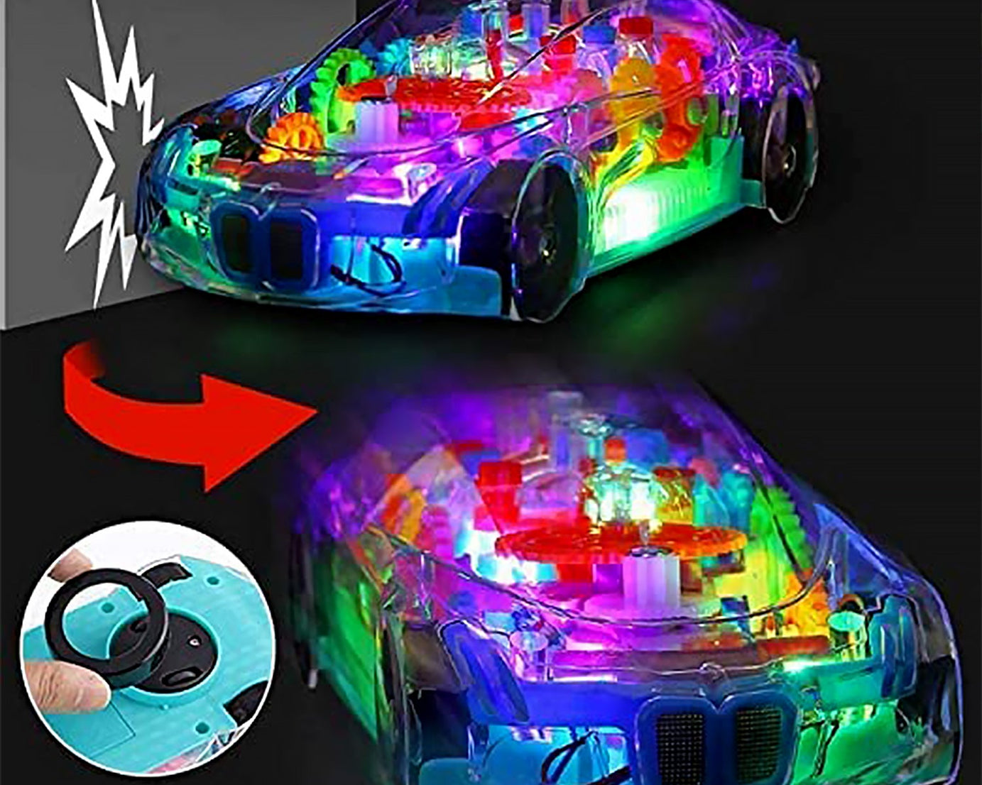 Automatic 360 Degree Rotating Transparent Gear Concept Car with Musical and 3D Flashing Lights Toy for Kids Boys & Girls (Multicolor / Battery Not Included)