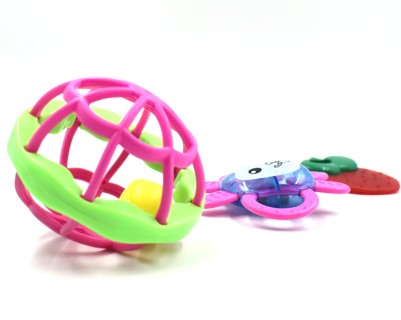 Assorted baby rattles set with bright colors and diverse shapes for infants.