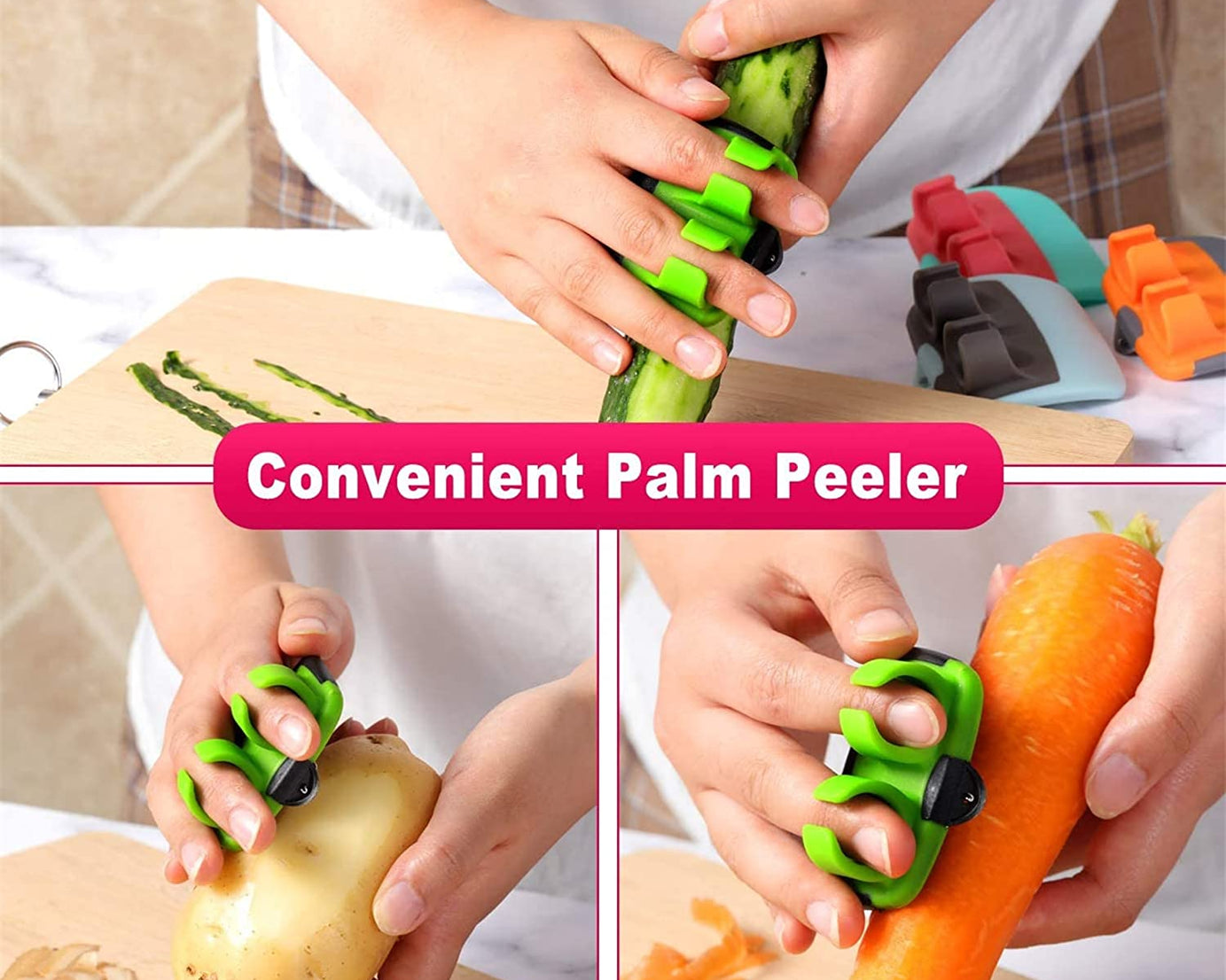 Ergonomic hand peeler with a comfortable grip.