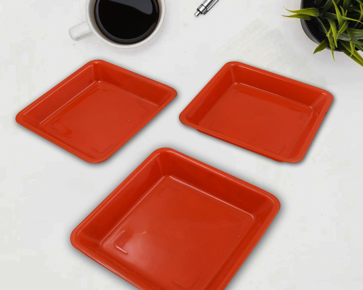 Square Plastic Halwa Dinner Plate Snacks / Breakfast, Restaurant Serving Trays Home School Coffee Hotel Kitchen Office (3 Pcs Set)