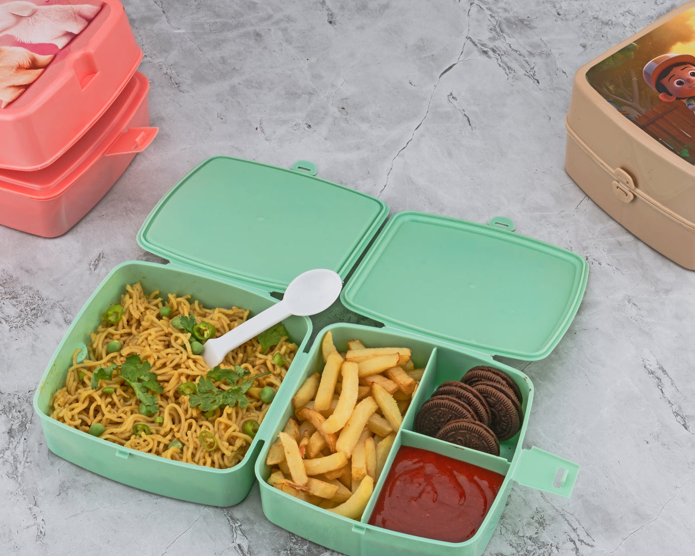Double-Layer Square Lunch Box with  Spoon , 4 Compartment Tiffin & Push Lock , Plastic Tiffin Box for Travelling, School Kids & Office Exclusive, Home