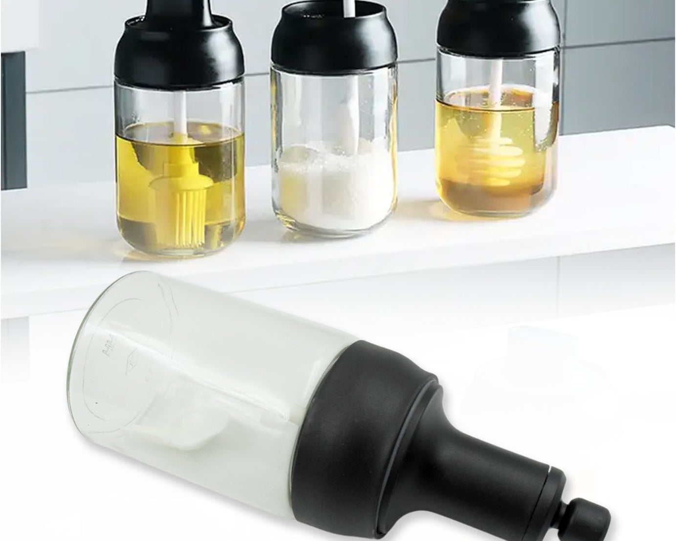 5522 Heat-Resistant Condiment Container Seasoning Box Glass Condiment Canisters Pots Bottle with Serving Spoons for Salt Spice Honey Sugar BBQ Resturant Jar, Oil Bottle Honey Jar Dispenser, Airtight Cap Transparent (1 Pc)