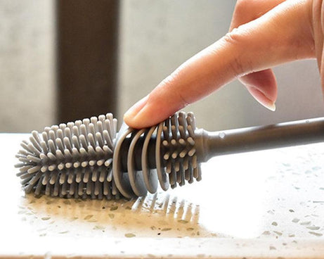 Long handled brush for cleaning narrow neck containers