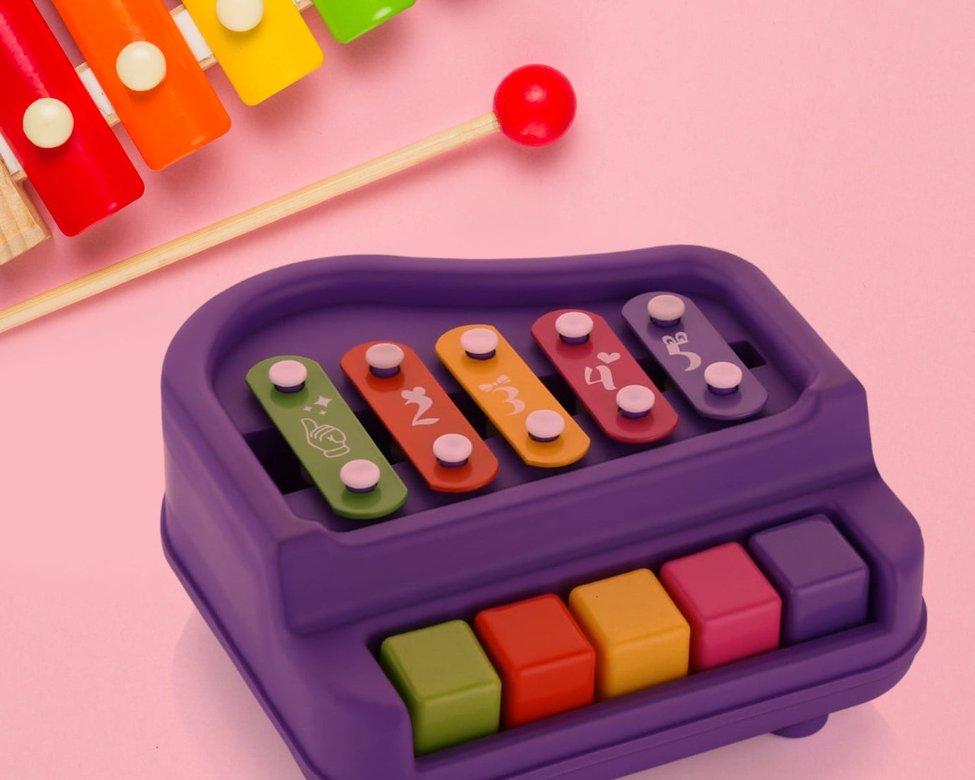 2 in 1 Baby Piano Xylophone Toy for Toddlers, 5 Multicolored Key Keyboard Xylophone Piano, Preschool Educational Musical Learning Instruments Toy for Baby Kids Girls Boys 3+ Years (1 Pc)