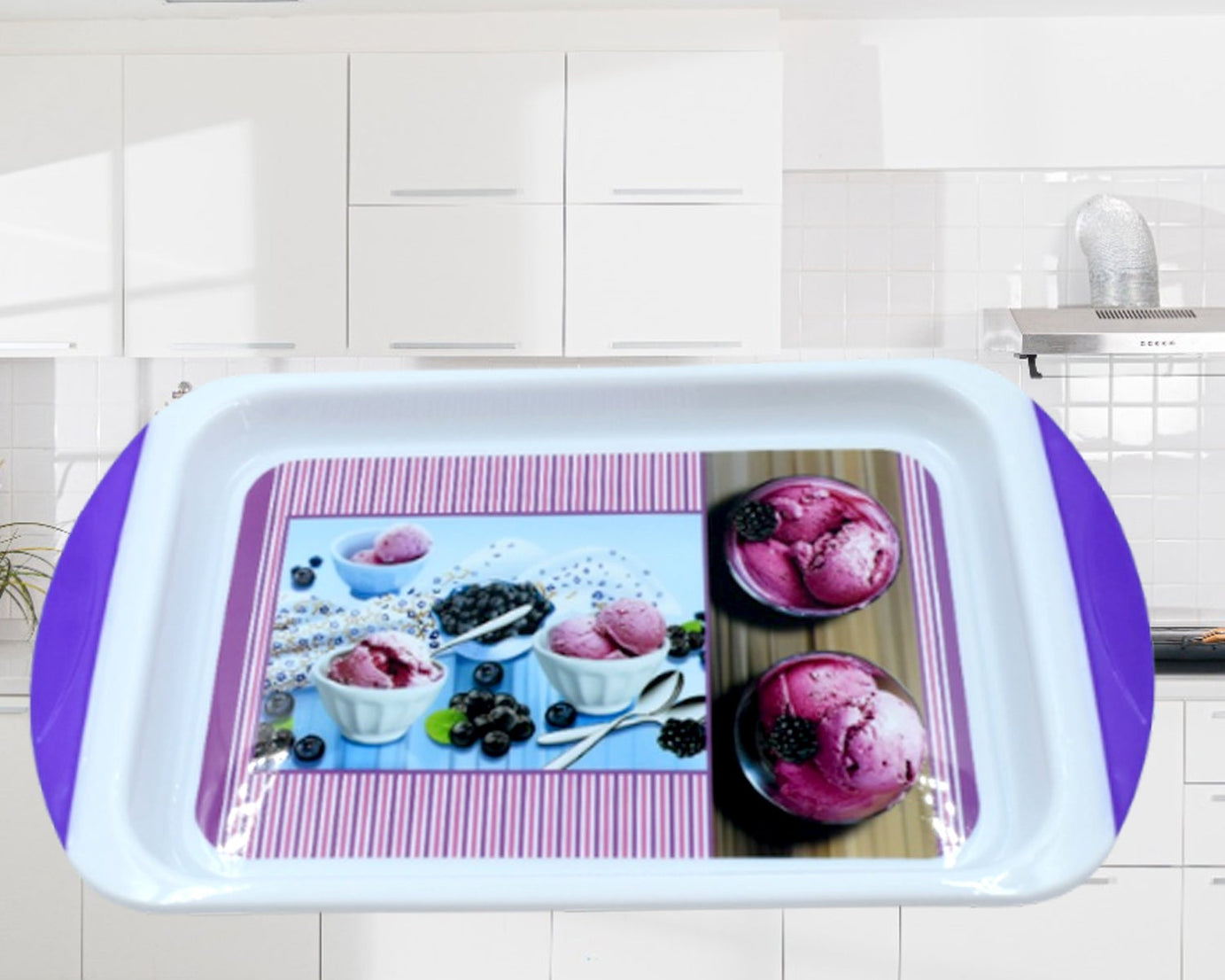 Plastic tray, medium size, ideal for both kitchen and general use.