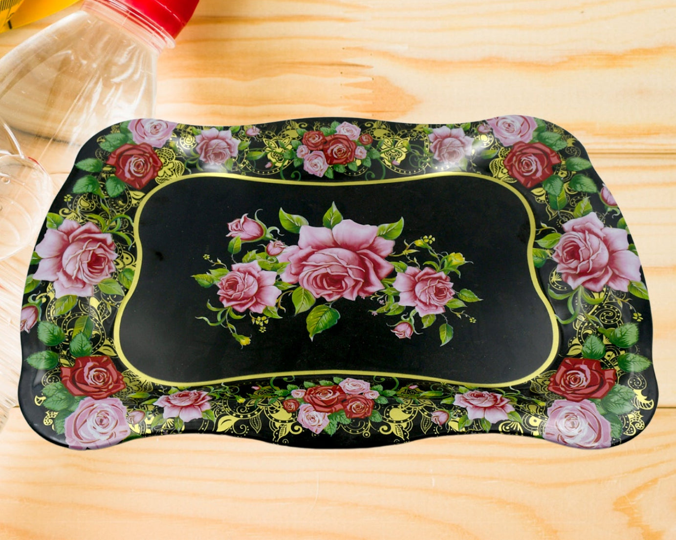 Stainless Steel Serving Tray With Flower Printed Rectangle Premium Dining Table Plate (18 x 8.5 Inch / 1 Pc)