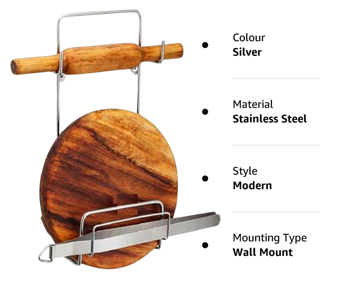 Chakla Belan Chimta Stand Rolling Pin Board Tong Holder Silver Stainless Steel Multi-Purpose Rack for Kitchen (1 Pc )