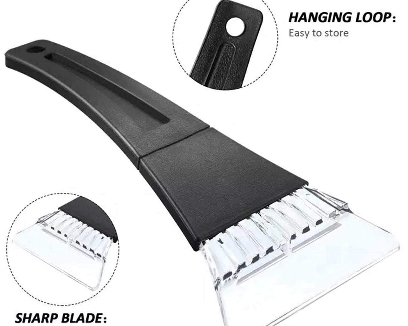 Ice scraper with ergonomic handle, window view