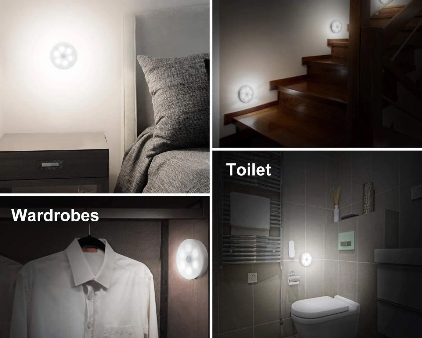 Motion sensor LED light, round shape, 8 LEDs for automatic lighting.
