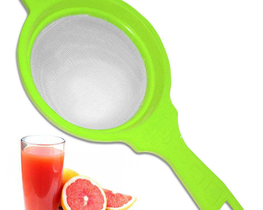 Multicolored juice strainer, filters out pulp for smooth beverages.