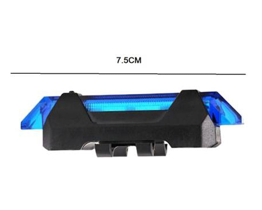 Waterproof blue LED front bike light, rechargeable for night rides.