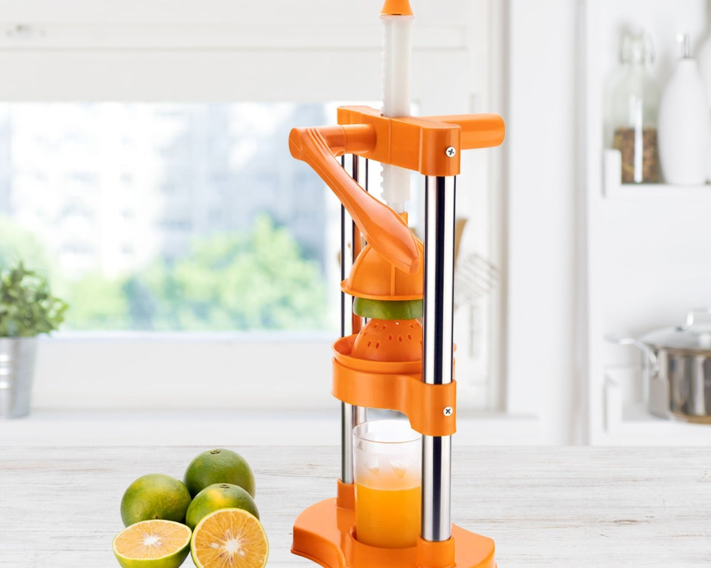 Manual juicer with glass container for fruits and vegetables