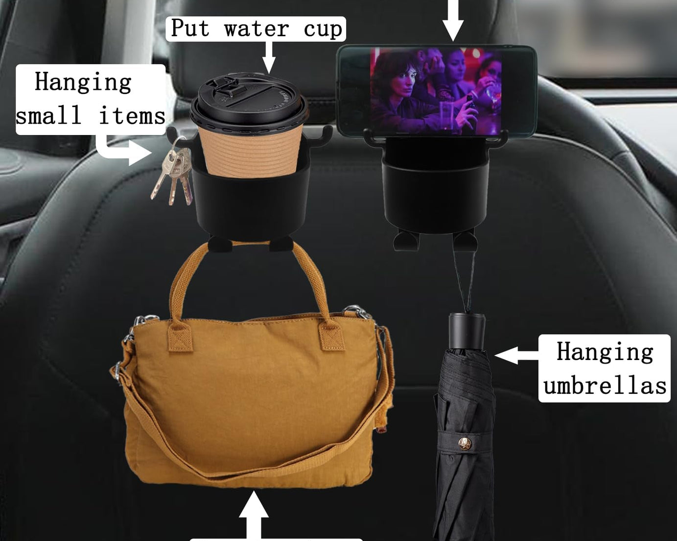 Car Headrest Backseat Organizer, 3 in 1 Automotive Cell Phone Drink cupholder Adapter with Headrest Hooks for Kids and Adults, Multifunctional Storage for Car Travel Accessories