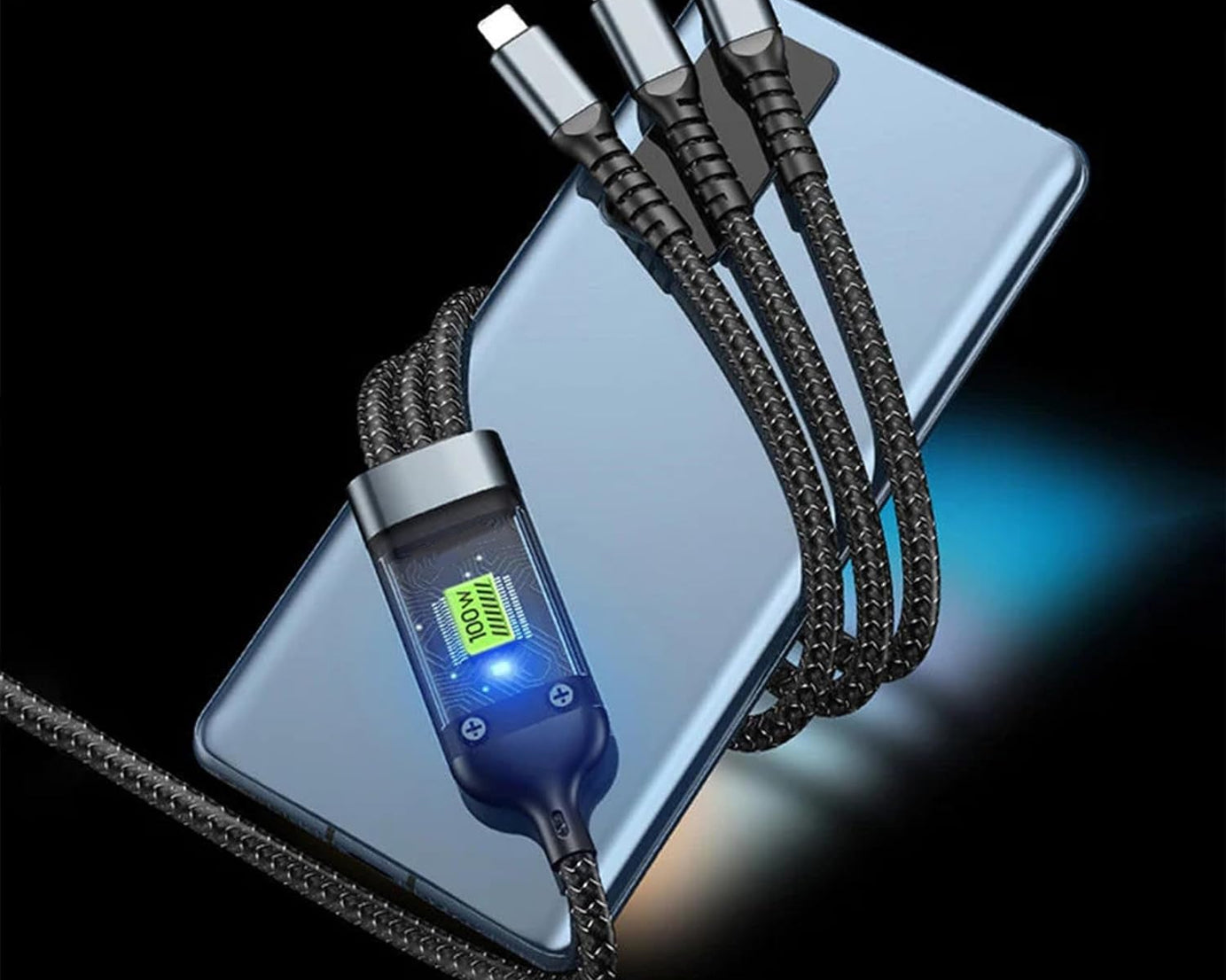 3-in-1 Super Fast Charging Cable 100w, Multifunctional Convenient Super Fast Charging Cable Nylon Braided Cord, 3-in-1 Silicone Zinc Alloy 3 Head Charging Cable
