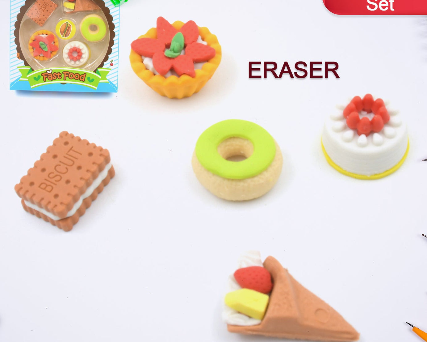 3D Fast Food Fancy & Stylish Colorful Erasers, Mini Eraser Creative Cute Novelty Eraser for Children Different Designs Eraser Set for Return Gift, Birthday Party, School Prize, Fast Food Set Eraser ( 5 pc Set )