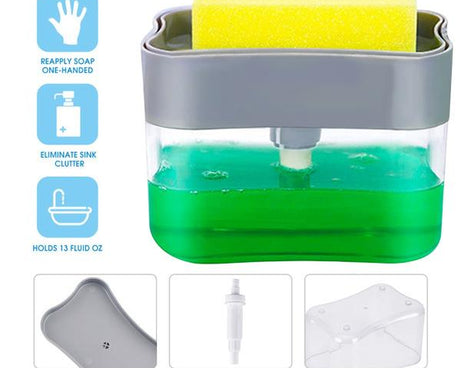 Soap dispenser with sponge holder in various angles.