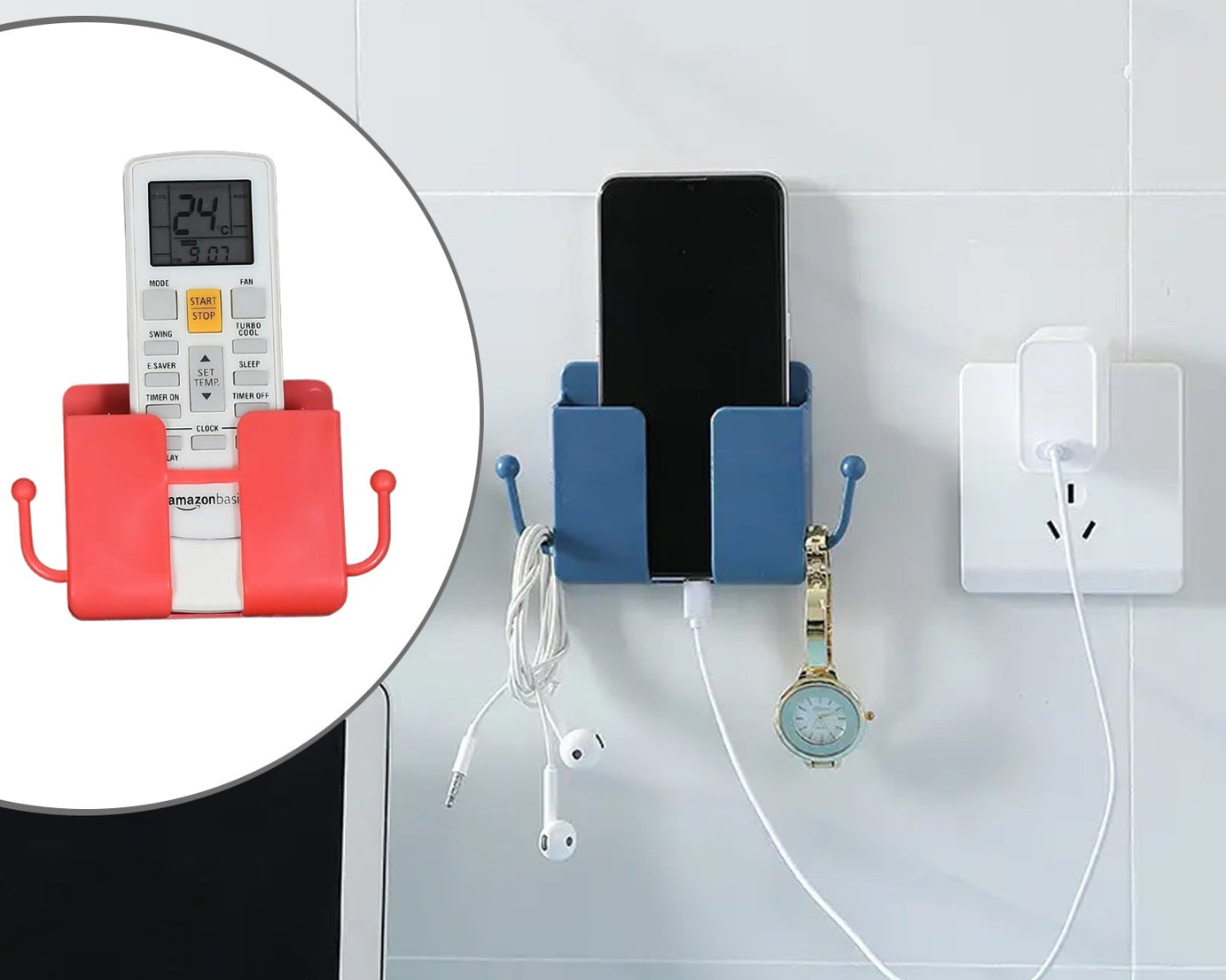 Remote control storage box with side hooks, wall mounted organizer case.