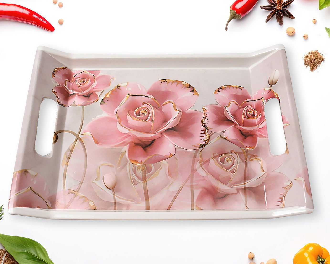 Plastic Rectangular Shape Flower Printed Design Serving Tray 3 pcs Home and Kitchen Use (3 pcs set)