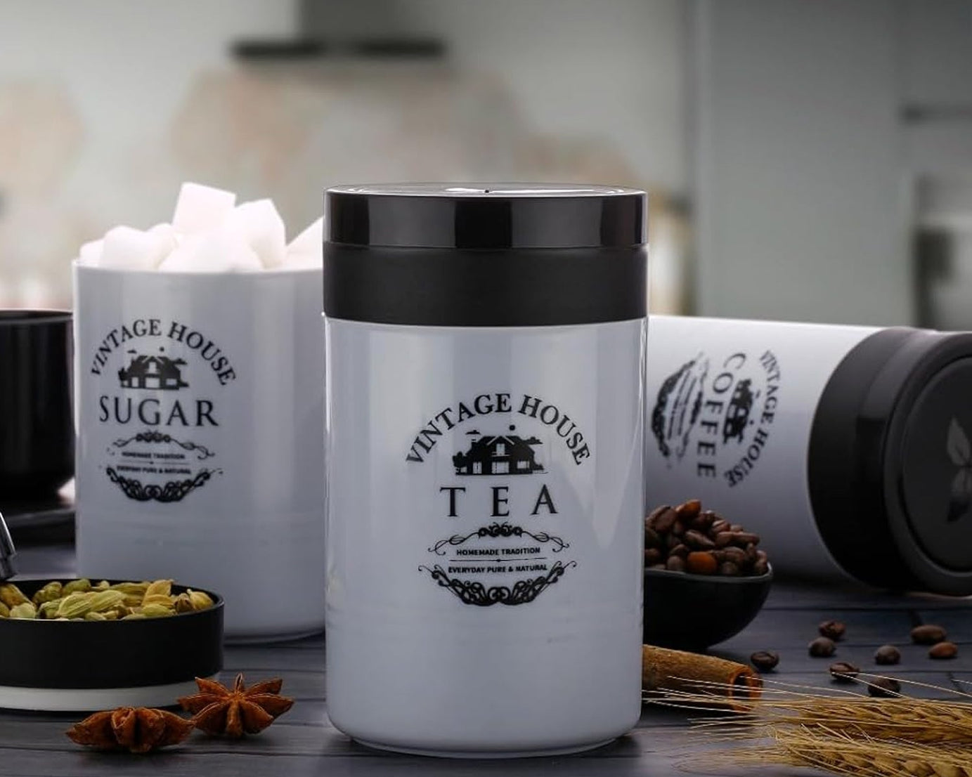 5736 Accurate Seal Tea Sugar Coffee Container - 3 Pcs Plastic Damru Shaped Tea, Coffee, Sugar Canisters Jar, New Airtight Food Seal Containers for Salt, Dry Fruit, Grocery Multicolor (3 Pcs Set)