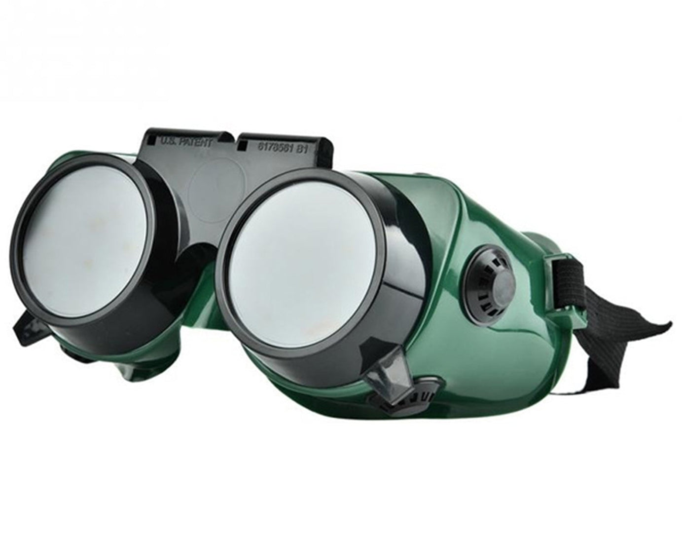 Large dark green welding goggles for protection.