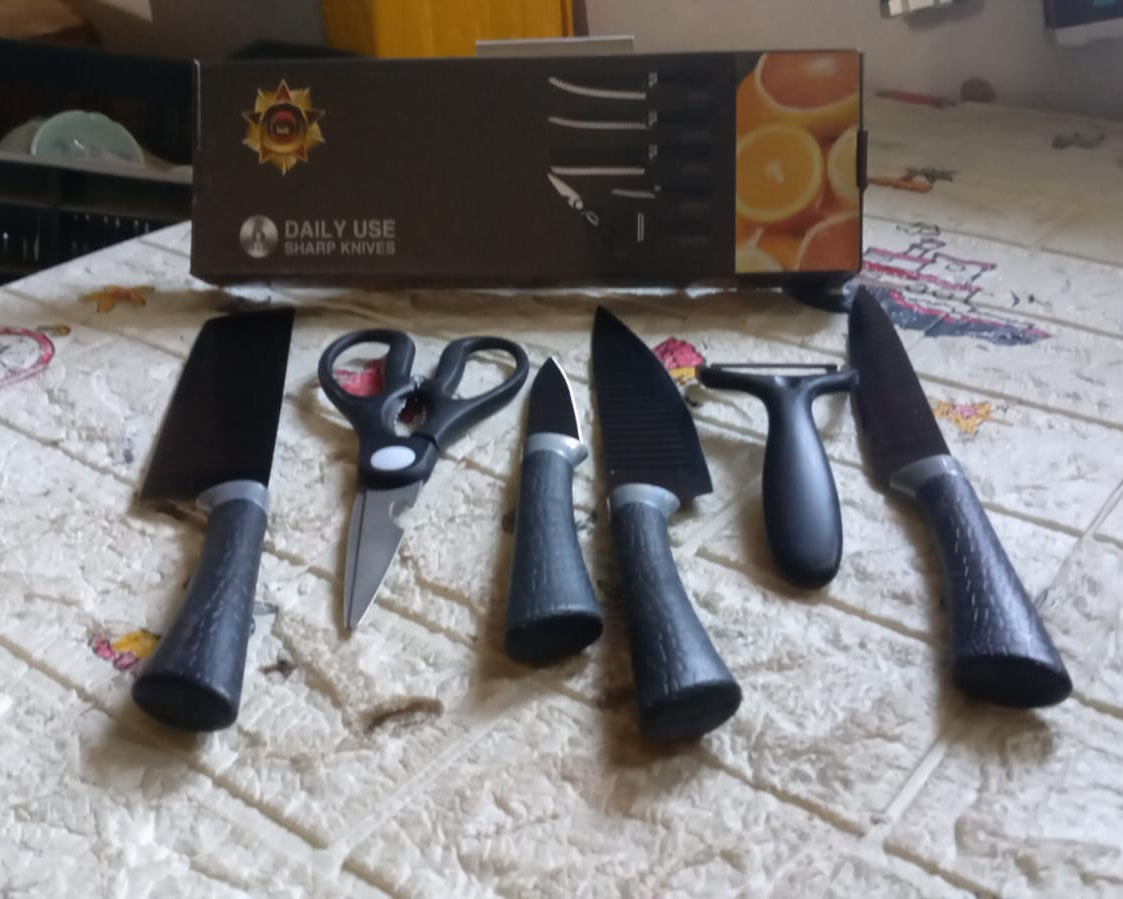 5629 6 Pieces Professional Kitchen Knife Set, Meat Knife, Chef's Knife with Non-Slip Handle for Home, Kitchen and Restaurant with Chef Peeler and Scissor (Stainless Steel / 6 Pcs Set)