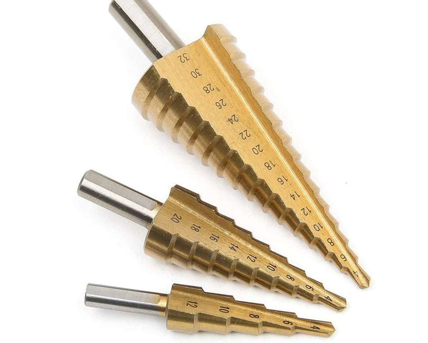 Titanium-coated step cone drill bits for various sizes.