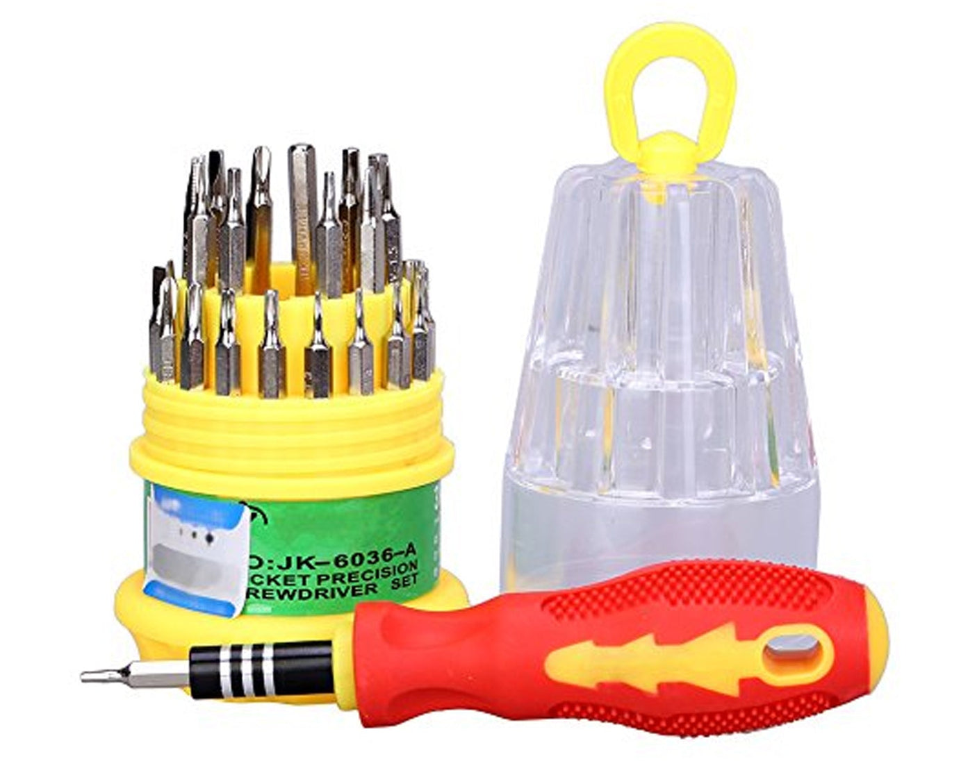 Magnetic screwdriver set with multiple tools.