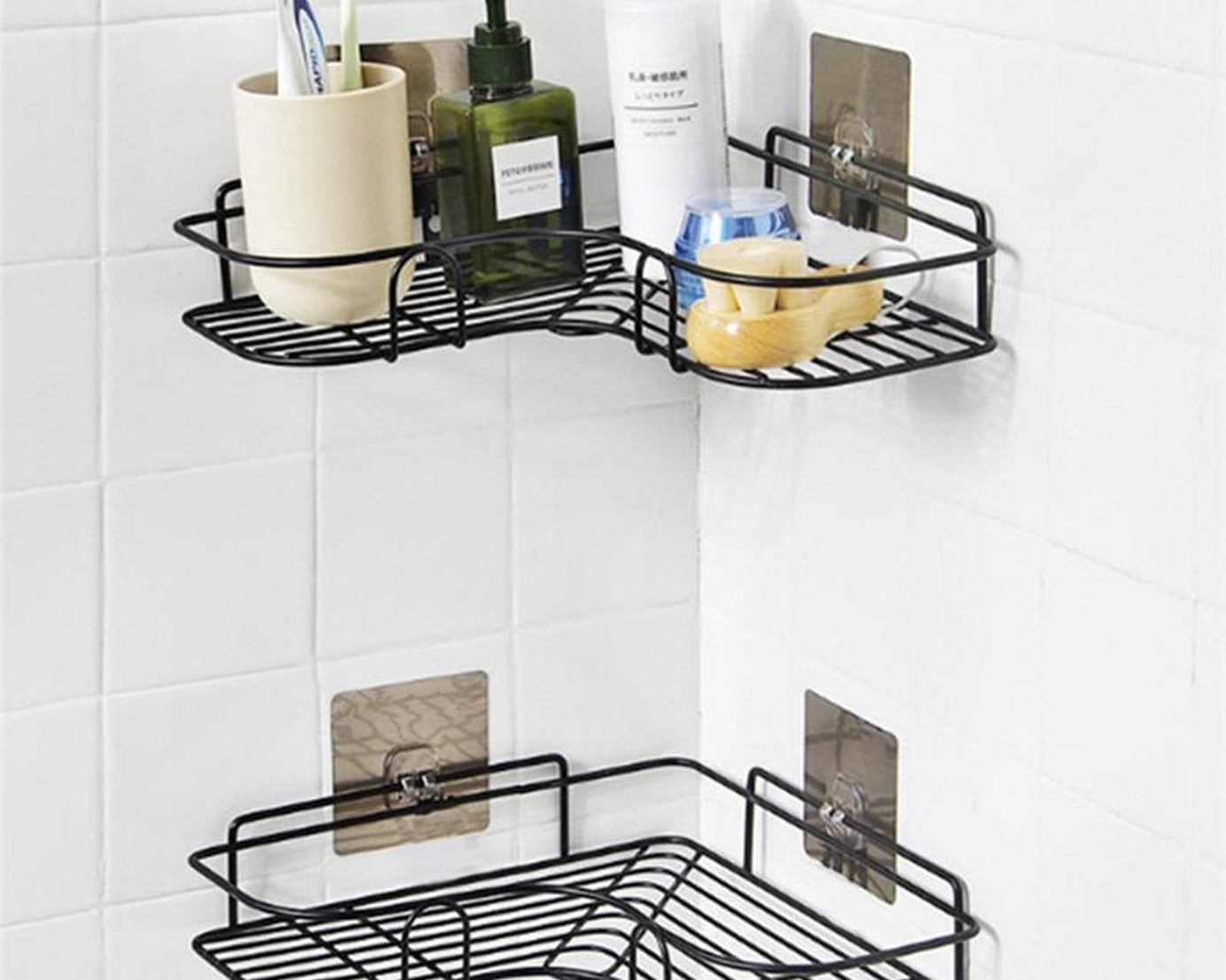 Adhesive corner storage rack for bathroom