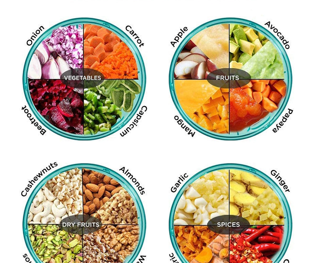 Hand-held vegetable chopper with 6 blades, 1000ml capacity