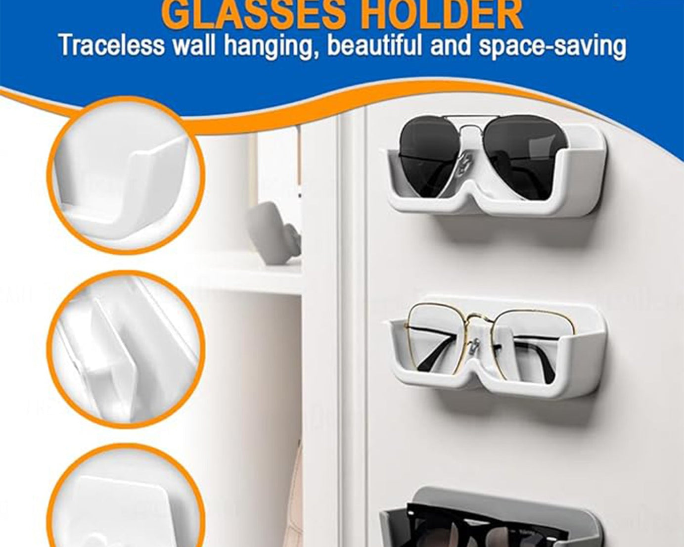 Wall Mount Sunglass Organizer Simple Space Saving Glasses Storage Box Eyewear Stand Holder for Showcase Bedroom Apartment With 2 pc Double Sided Adhesive Sticker (2 Pcs Set)