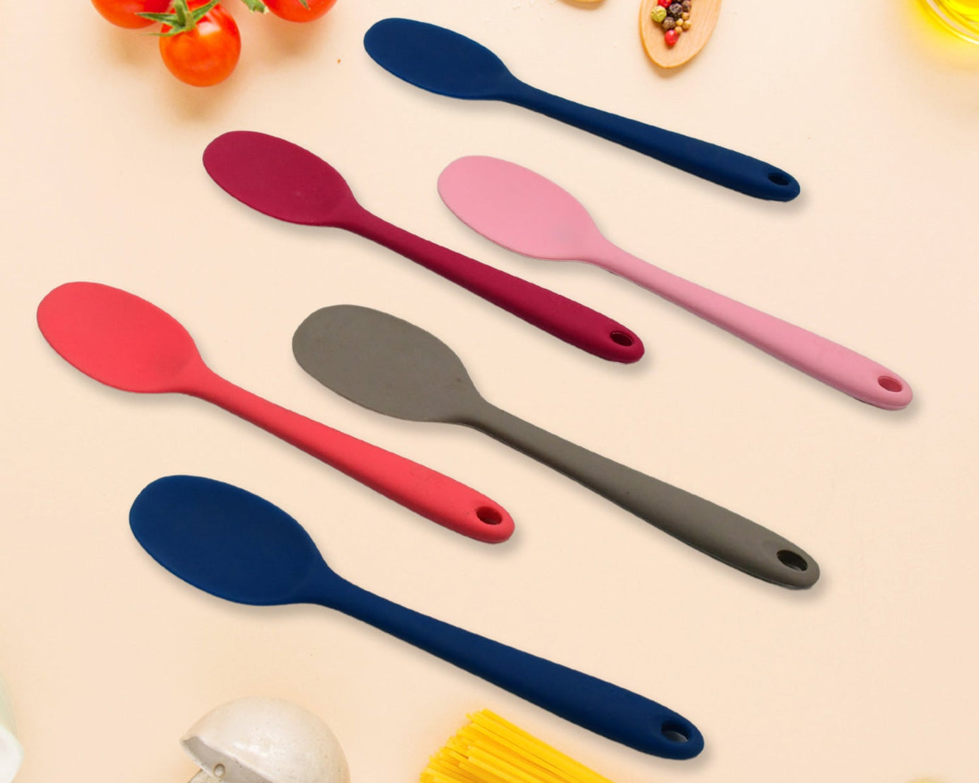 Multipurpose Silicone Spoon, Silicone Basting Spoon Non-Stick Kitchen Utensils Household Gadgets Heat-Resistant Non Stick Spoons Kitchen Cookware Items For Cooking and Baking (6 Pcs Set)