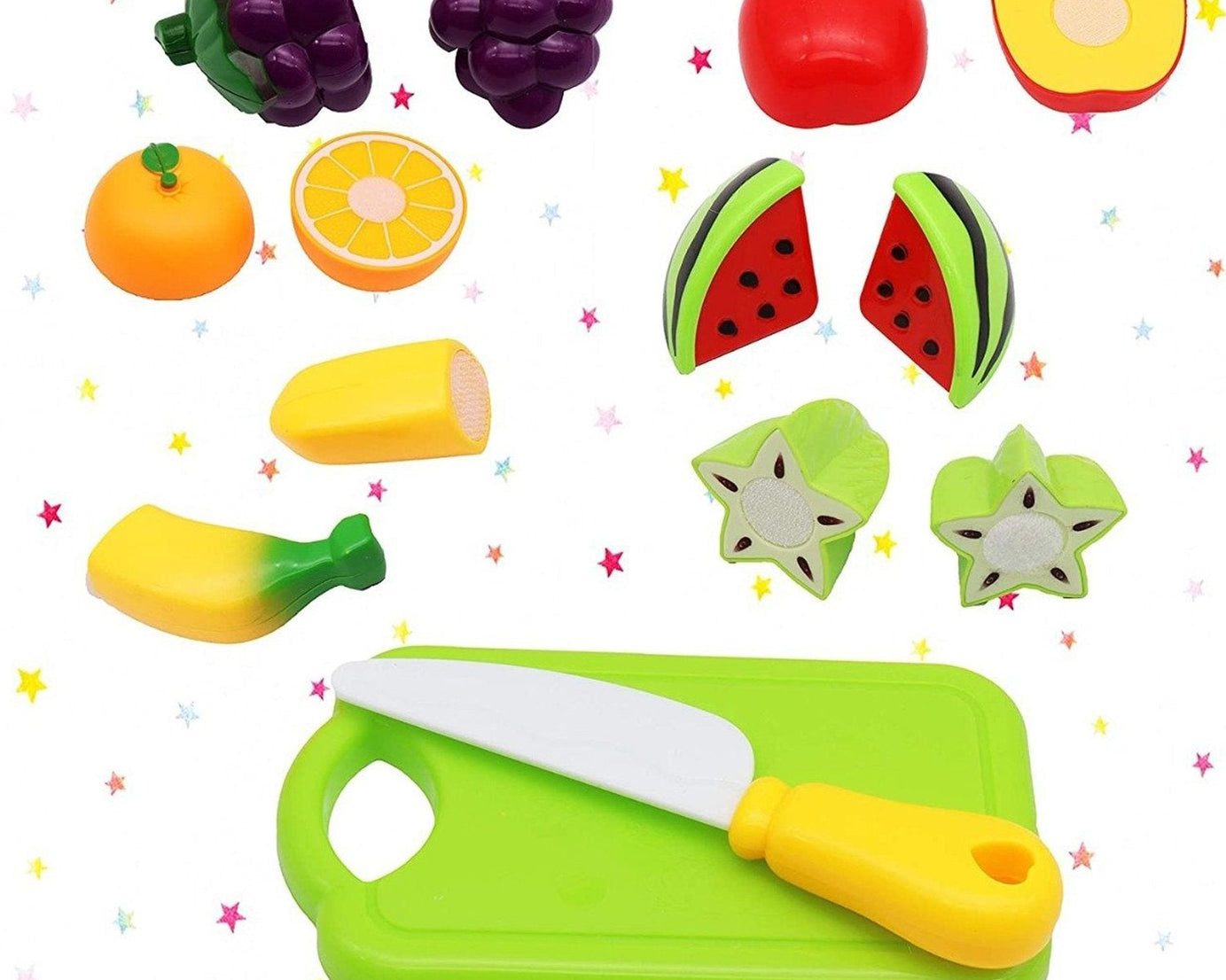 Kids' toy set featuring sliceable plastic fruits, realistic design