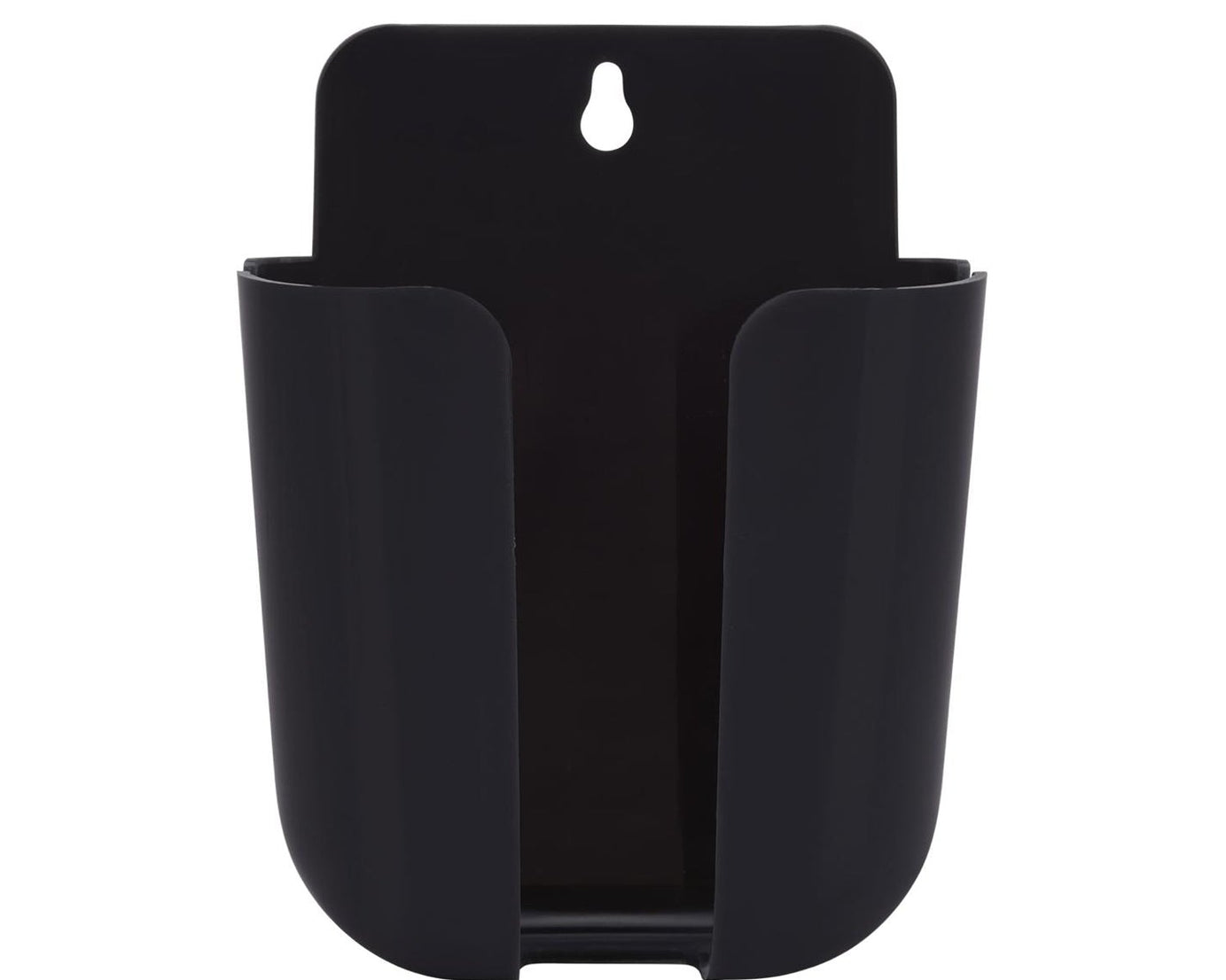 Multicoloured wall-mounted storage box for organizing remotes and more.