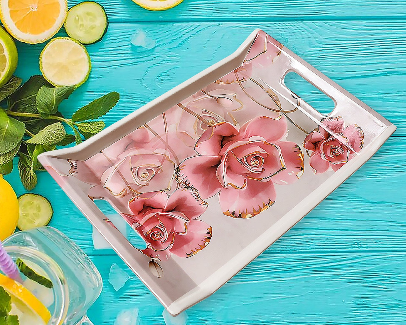 Plastic Rectangular Shape Flower Printed Design Serving Tray 3 pcs Home and Kitchen Use (3 pcs set)