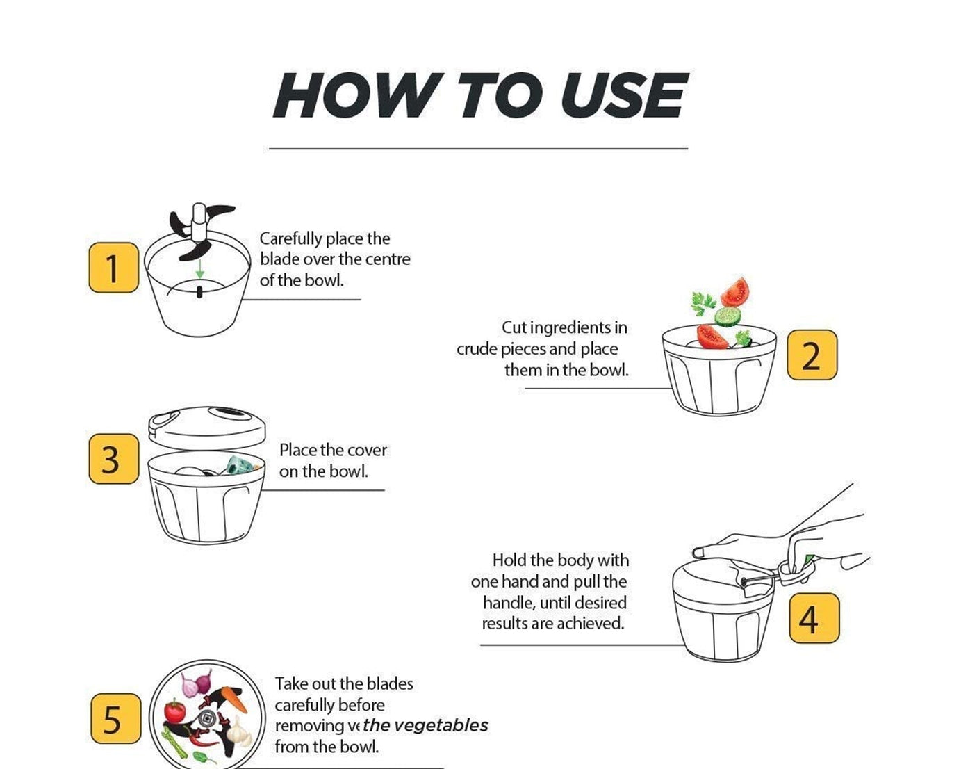 Vegetable chopper with a clear bowl and five stainless steel blades