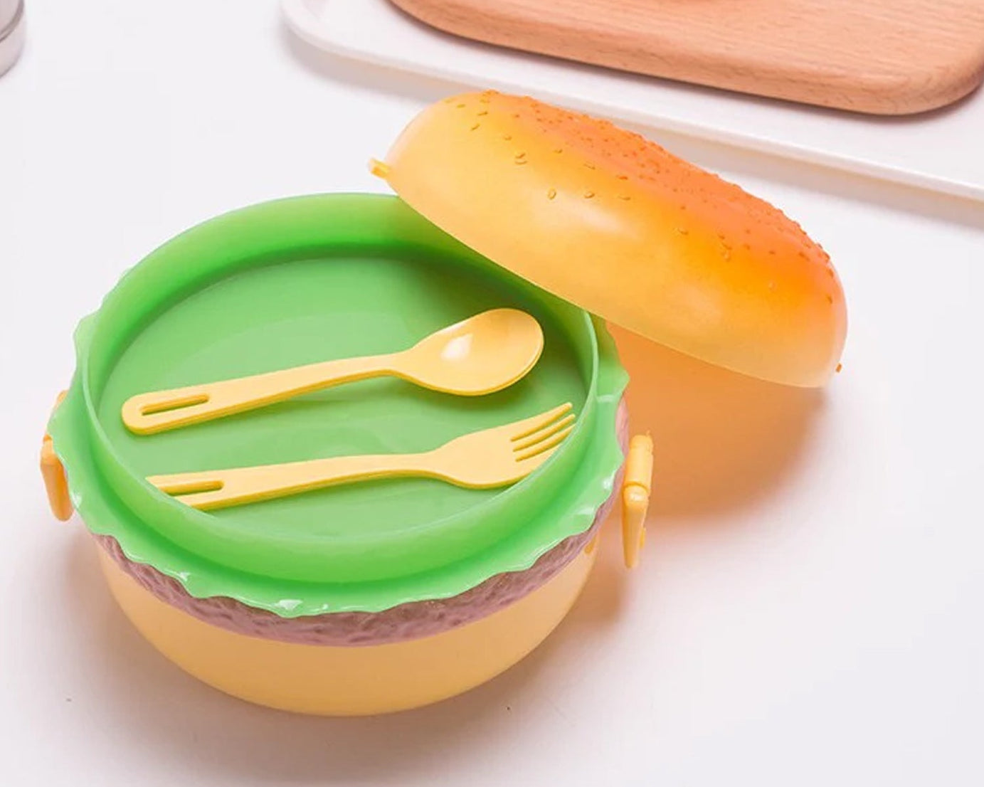 Burger Shape Lunch Box Plastic Lunch Box Food Container Sets Double Layer Lunchbox 1000ml With 2 Spoon Applicable to Kids and Elementary School Students