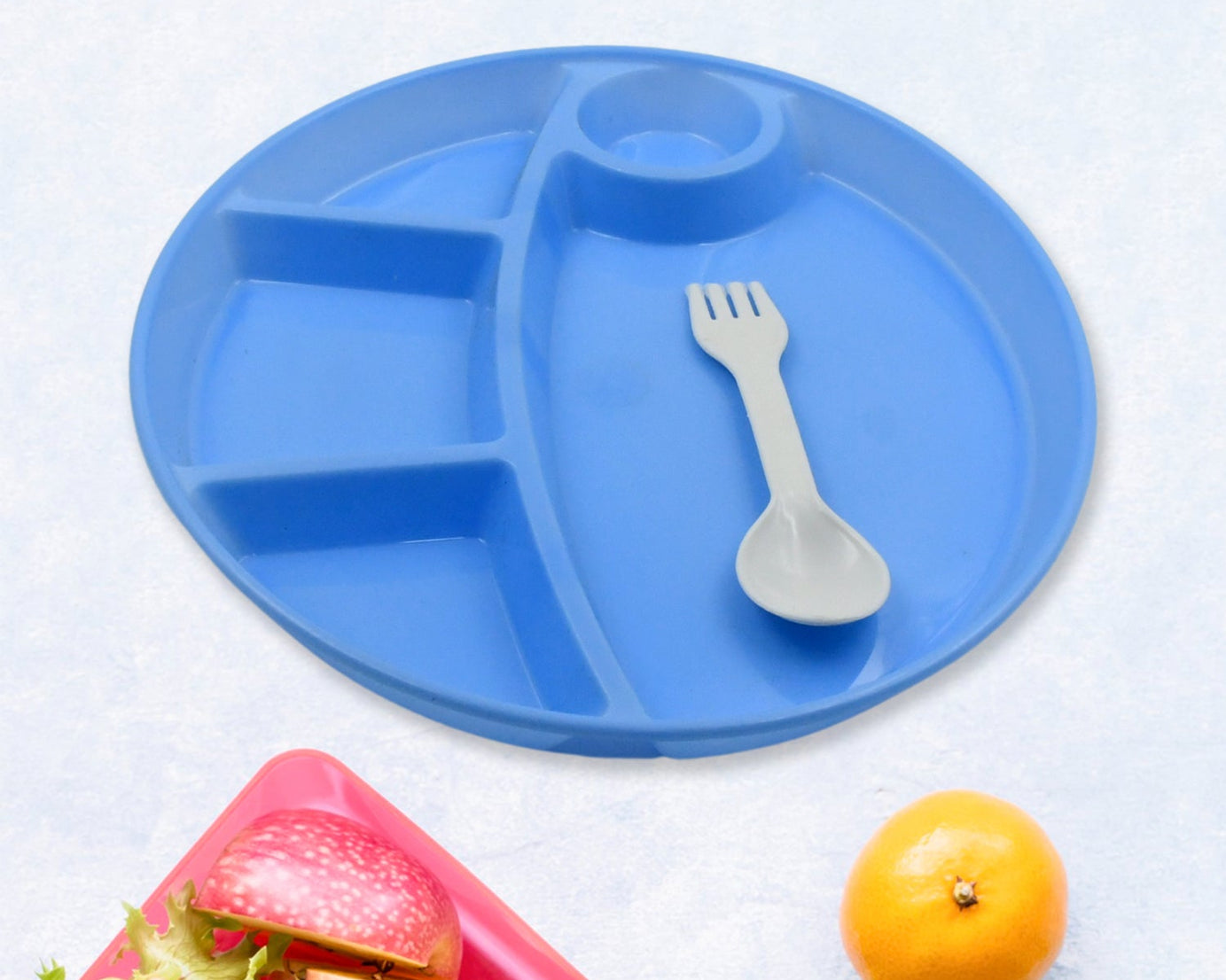 Plastic Food Plates / Biodegradable 5 Compartment Plate With Spoon for Food Snacks / Nuts / Desserts Plates for Kids, Reusable Plates for Outdoor, Camping, BPA-free (1 Pc)