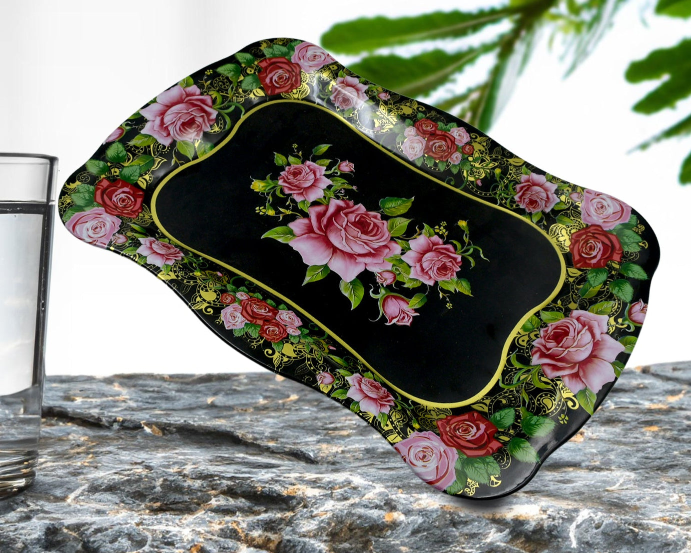 Stainless Steel Serving Tray With Flower Printed Rectangle Premium Dining Table Plate (18 x 8.5 Inch / 1 Pc)