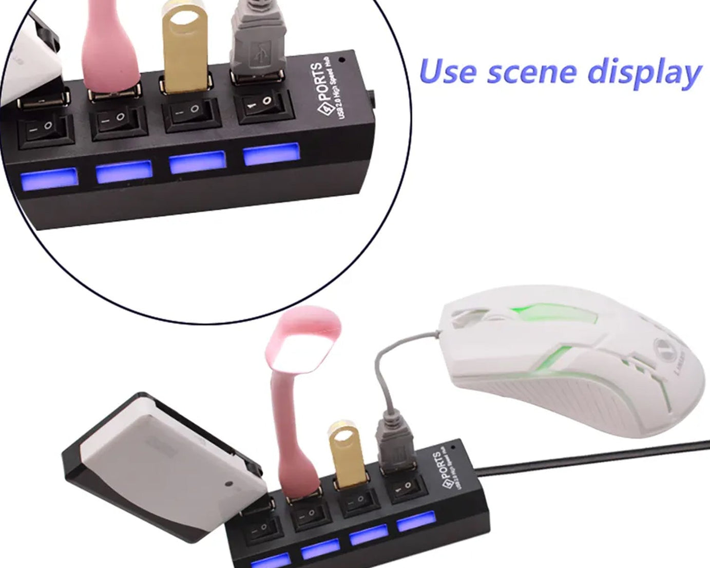 4 Port USB, HUB USB 2.0 HUB Splitter High Speed with On/Off Switch Multi LED Adapter Compatible with Tablet Laptop Computer Notebook