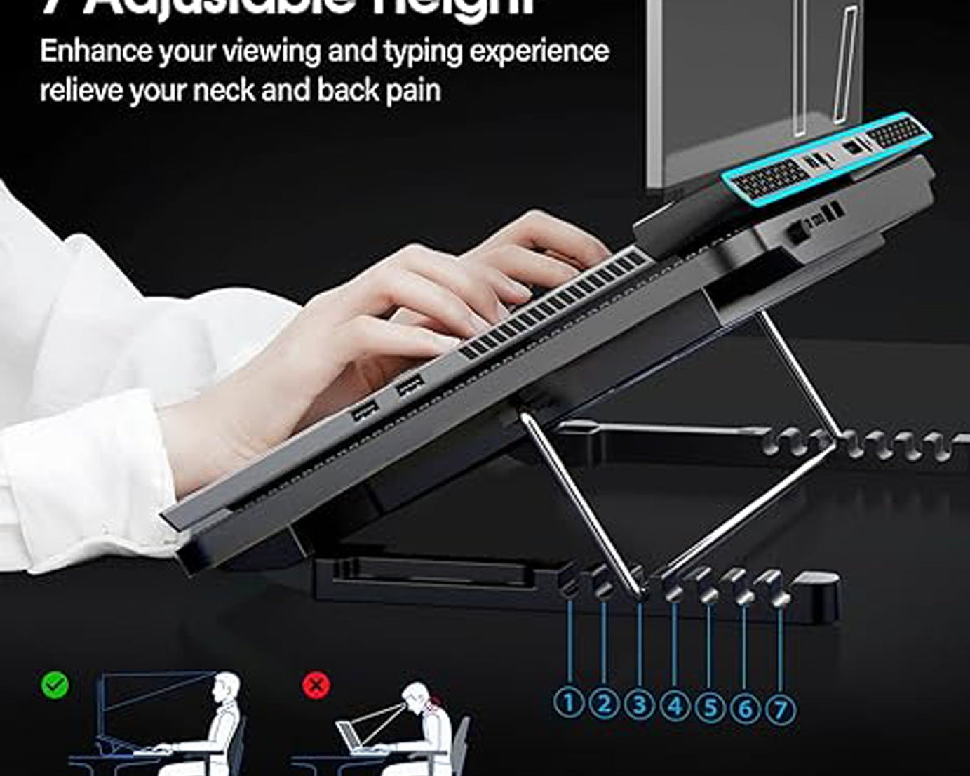 Laptop Cooler Cooling Pad with 2 Quiet Led Fans, Dual USB Ports, Portable Ultra Slim USB Powered 7 Heights Adjustable Laptop Stand for Gaming Laptop