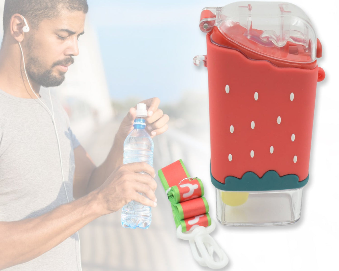 Portable Cute Water Bottle for Kids, Unique Ice Cream Shape water cup, Popsicle Shaped Plastic Kettle with Straw, Adjustable Shoulder Strap, BPA free, Leakproof (300 ML)