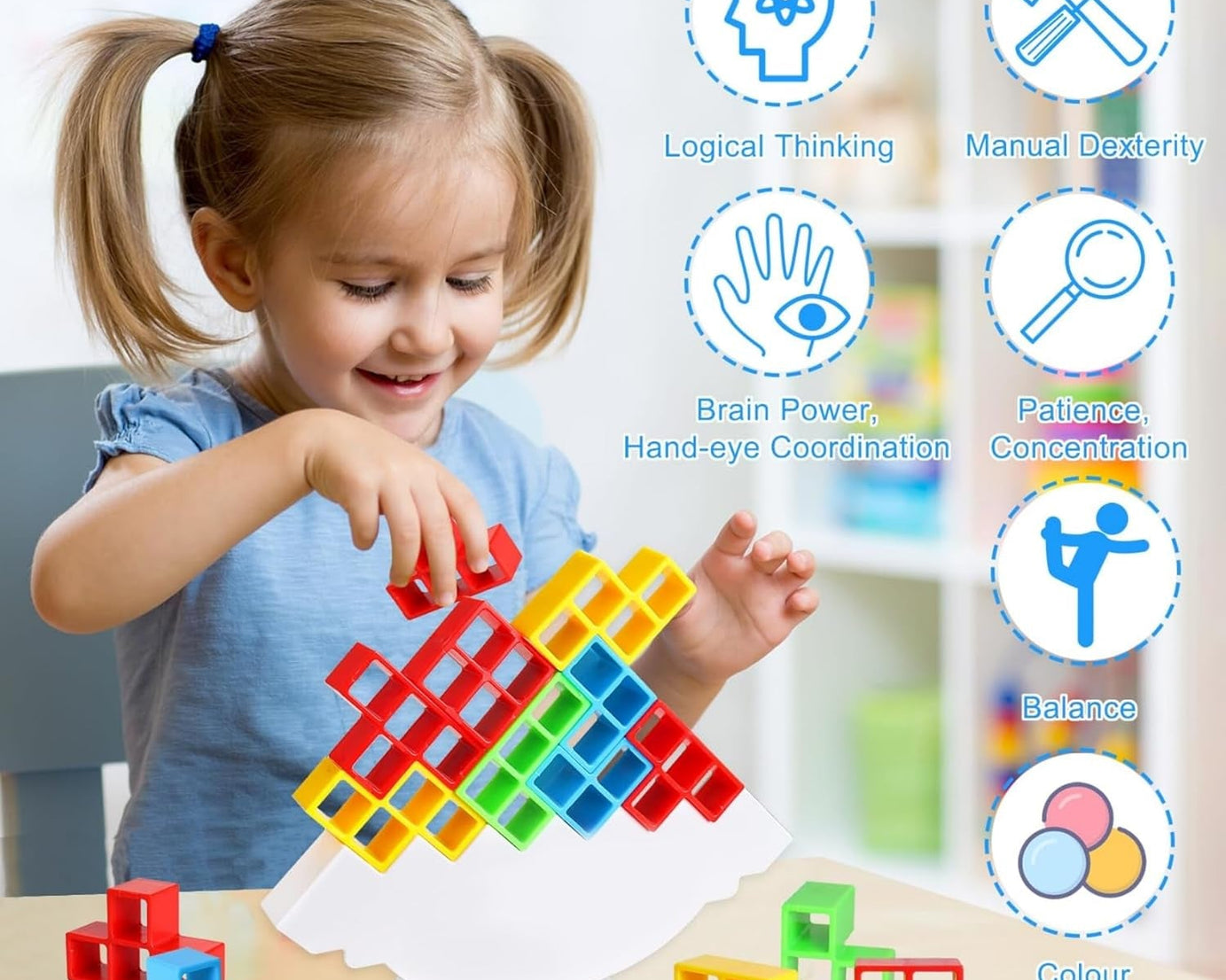 3D Tower Game, Tower Balance Game, Tower Stacking Game Adult Kid Tower Stacking Blocks Balance Game Blocks Building Toys for Kids Age 3+ Years (16 Pcs Set)