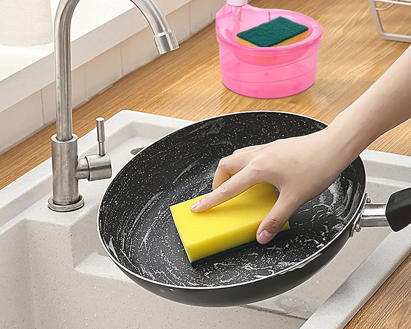 Double Layer Liquid soap Dispenser with Pump and Sponge, Practical for Hotel Sink Clear, Soap Dispensing Liquid Pump Bottle for Home,  Kitchen Rectangle ( 2 in 1 )