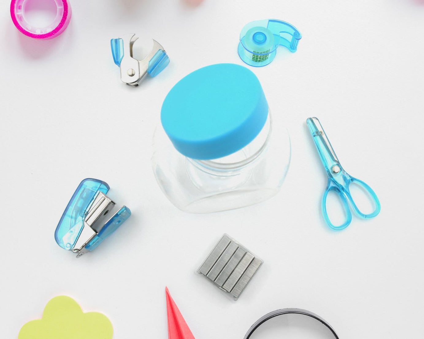Mini Office Stationery Set -  Stapler, Scissors, Paper Clips, Tape Dispenser, Transparent Tape, And Staples