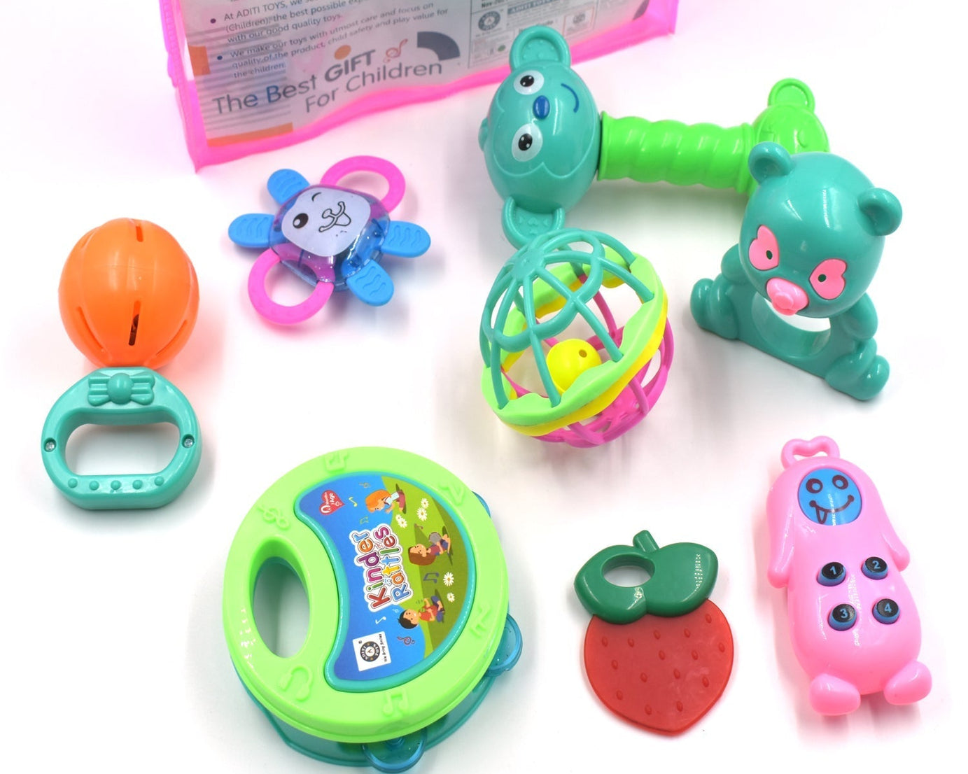 Multi-colored baby rattle toy for infants, enhancing motor skills and sensory play.