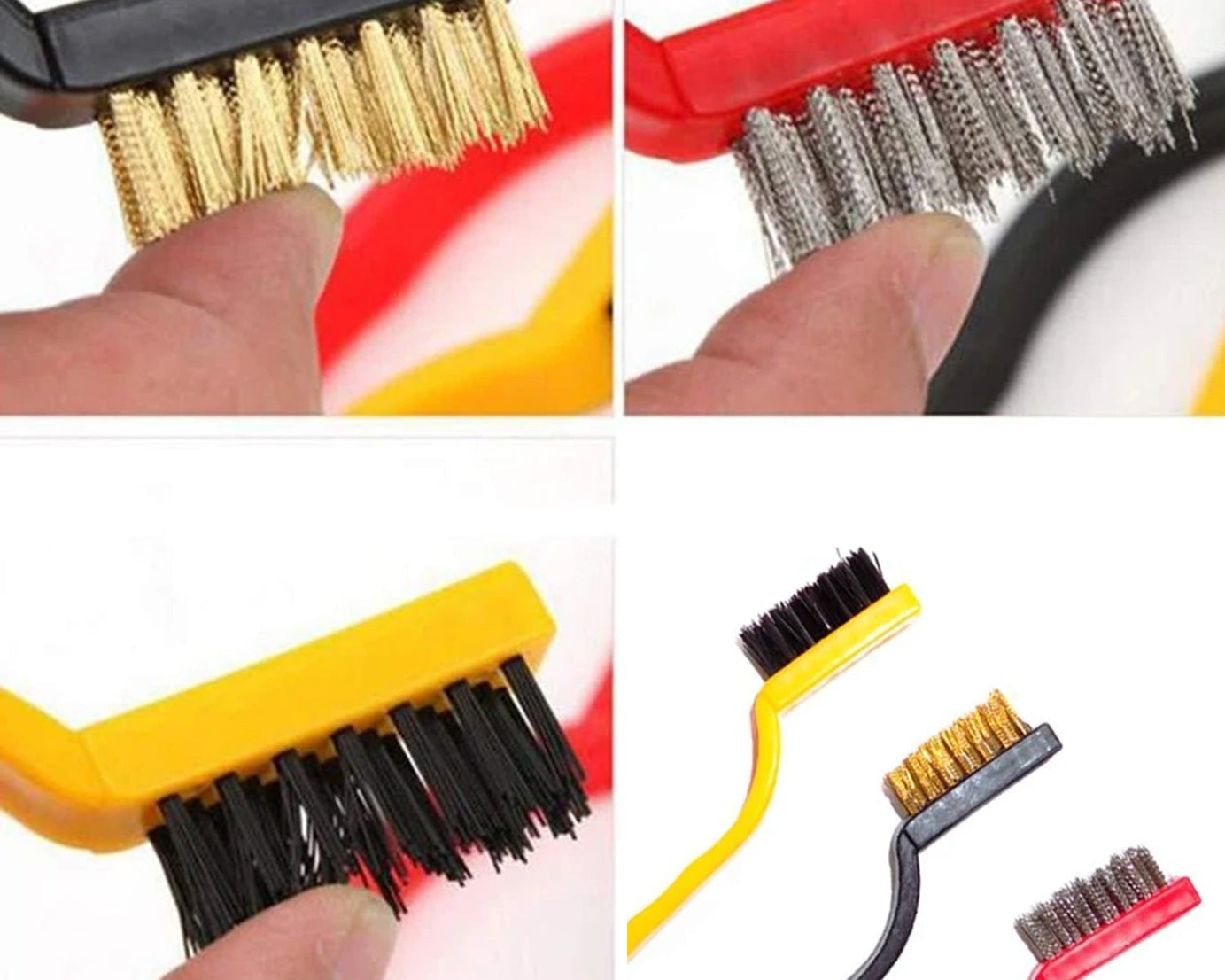 Cleaning wire brushes set with different bristle types