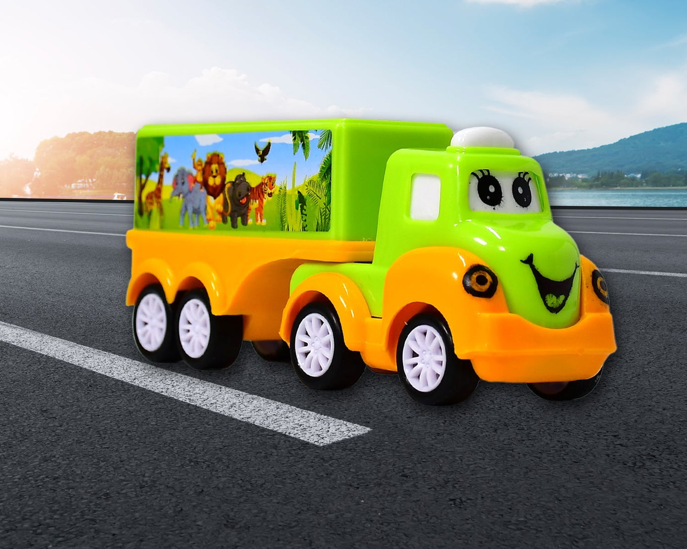 Small toy truck in green and yellow for children