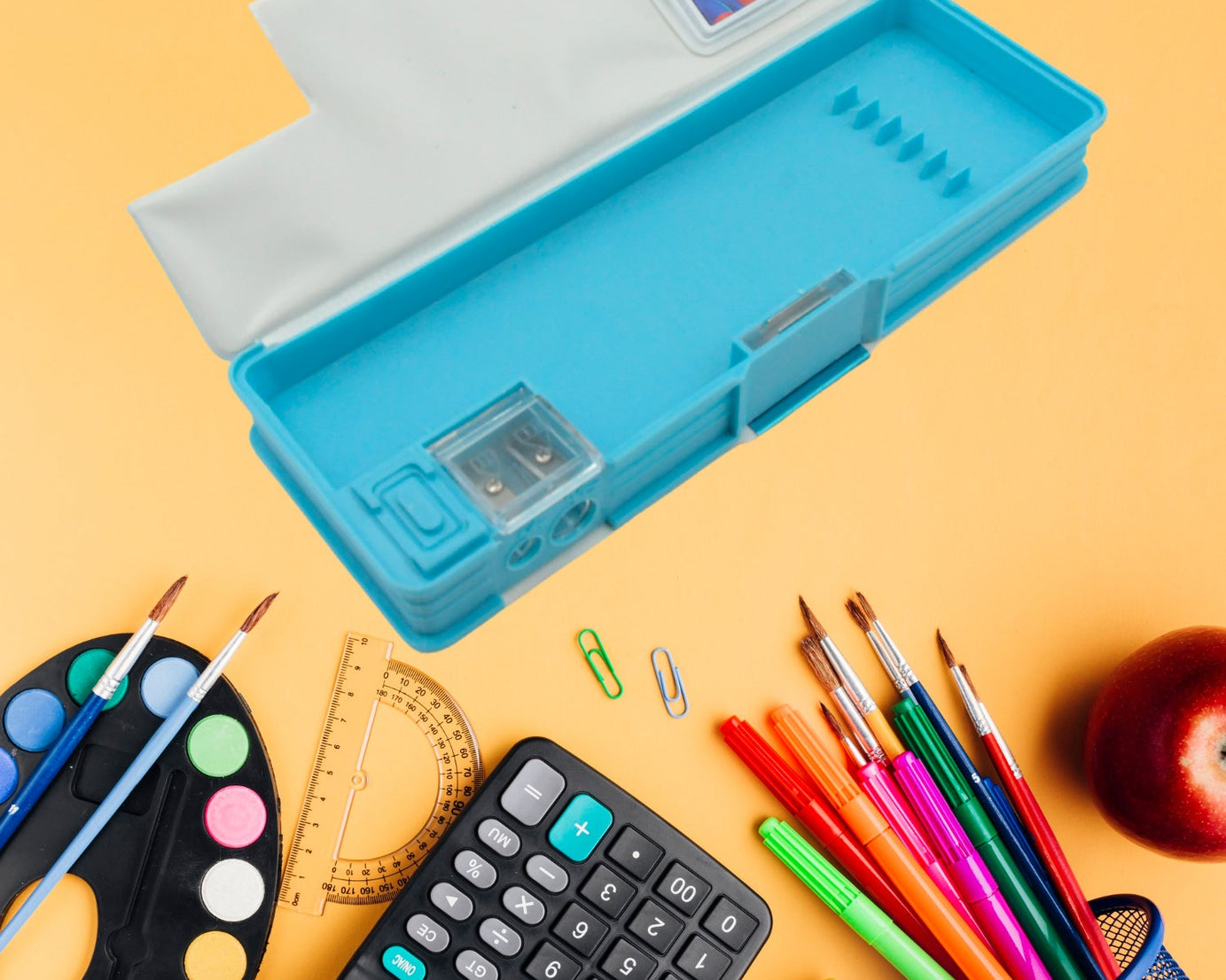 4260 Art & Stationery Cartoon Multi-functional Geometry Box for Boys with Inbuilt Calculator, 2 Sides Open and Double Sharpener Stationery Kit Pencil Box for Boys Art Plastic Pencil Box  for Girls and Boys