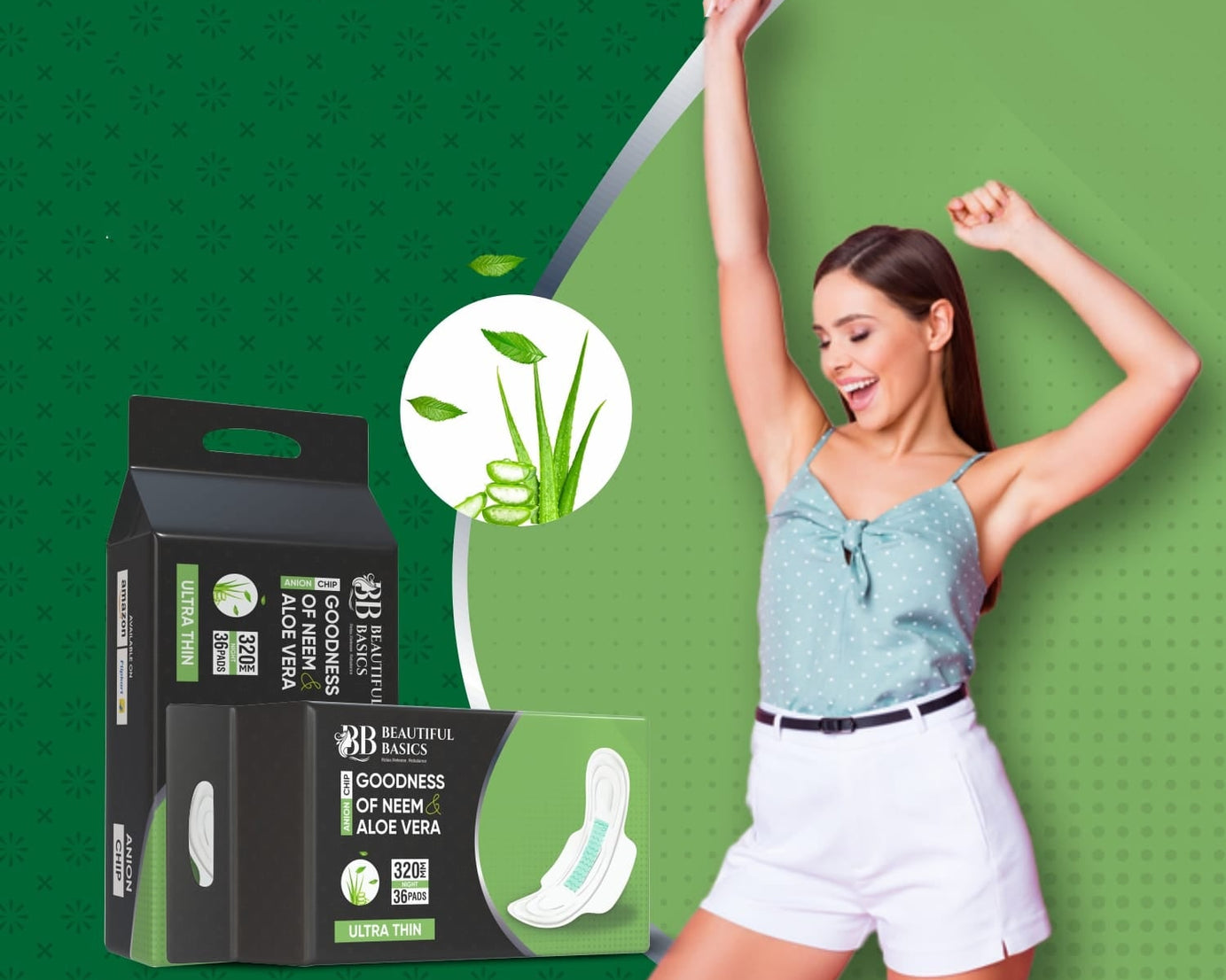 Sanitary Pads for Women With Goodness of Neem & Aloe Vera | Ultra Thin | Leakage Protection | PH Balance | With Antibacterial Anion Chip | 5X More Absorbance (320 mm / 36 Pads)