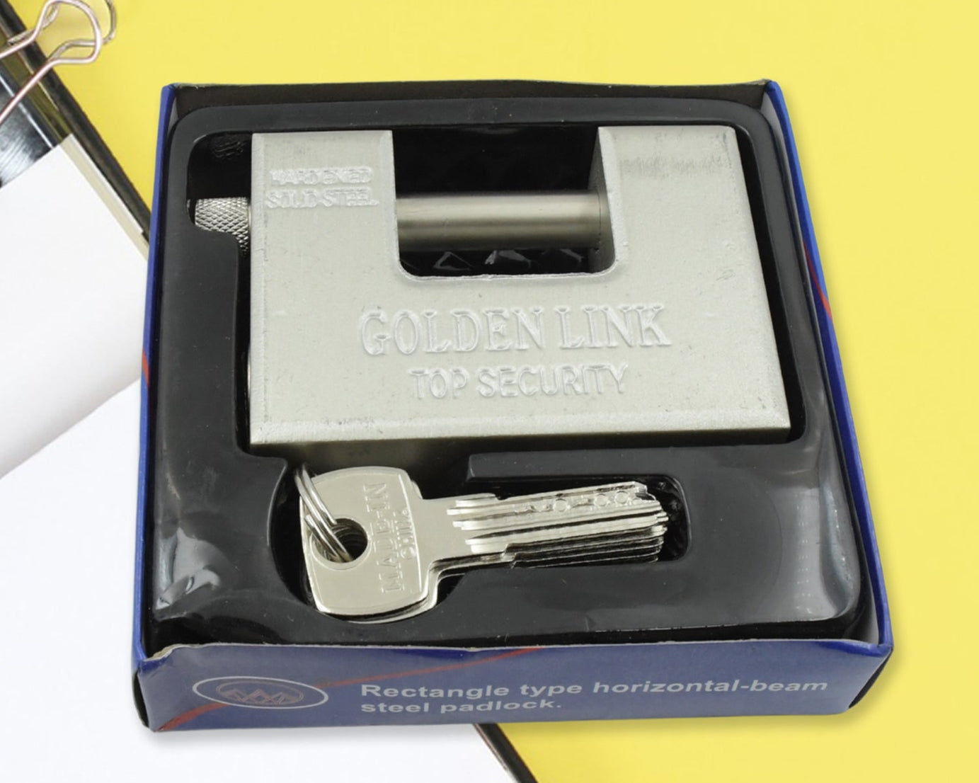 9323 Stainless Steel Padlock | Rectangular Shape | Hardened Steel | High Resistance With 5 Keys, Door Lock for Home Dormitory, Waterproof Antirust Anti-theft Padlocks Outdoor Gate Shed Locks Warehouse Big Door Drawer Lock (94 MM)